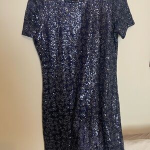 Midnight Blue Sequin Embellished Knee-Length Dress